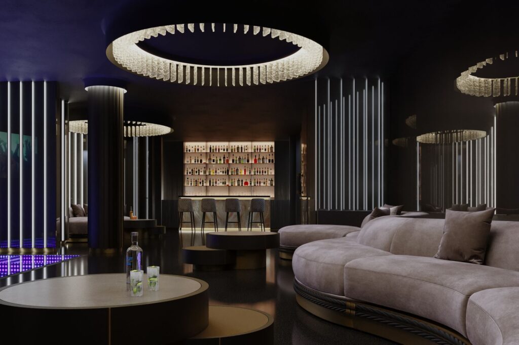 3D-Wohndarstellung der privaten Diskothek in Paris mit hellgrauen Sesseln, Marmor- und Holztischen, einer Bar und einer Tanzfläche