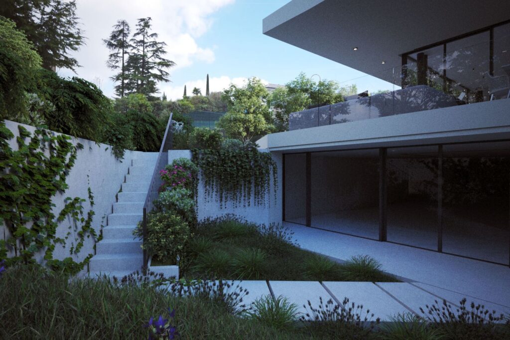 Residential 3D rendering of the Villa with white stairs that, despite having such a striking color, blend into the environment thanks to the plants and vines it has.