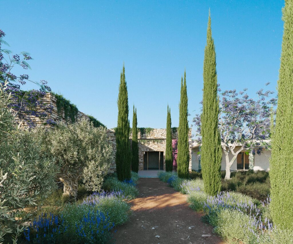Residential 3D rendering of the Family House exterior path that leads to the entrance of the house, all surrounded by different types of plants