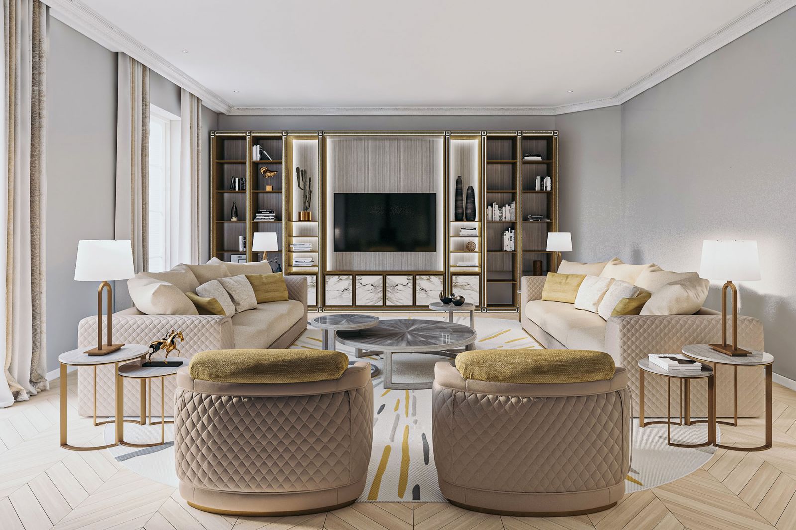 Residential 3D rendering of the George Mandel modern living room with light-colored furniture and gold decorations