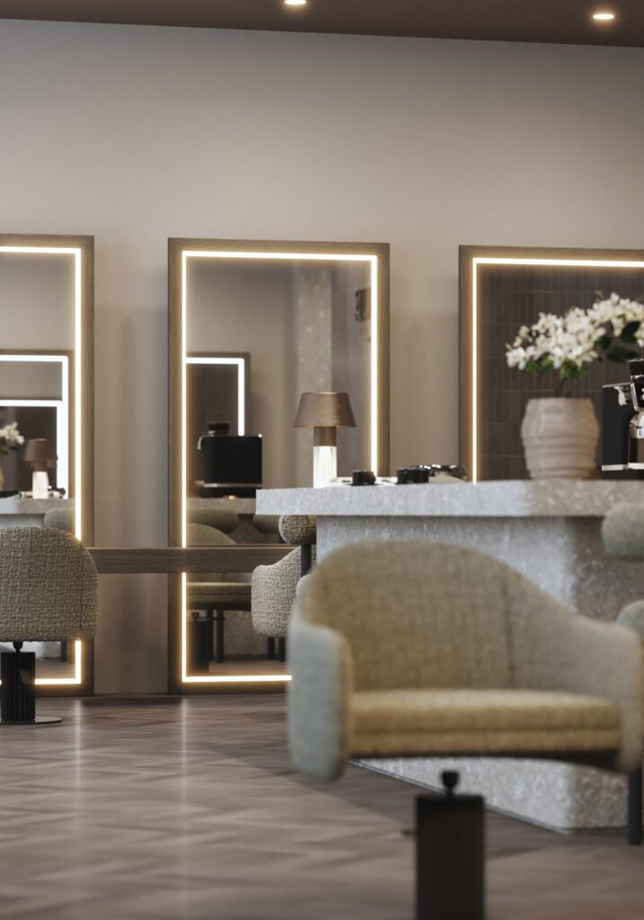 Retail 3D rendering of the Hair salon EN VOGUE decorated with mirrors with lights and a combination of materials through the different furniture