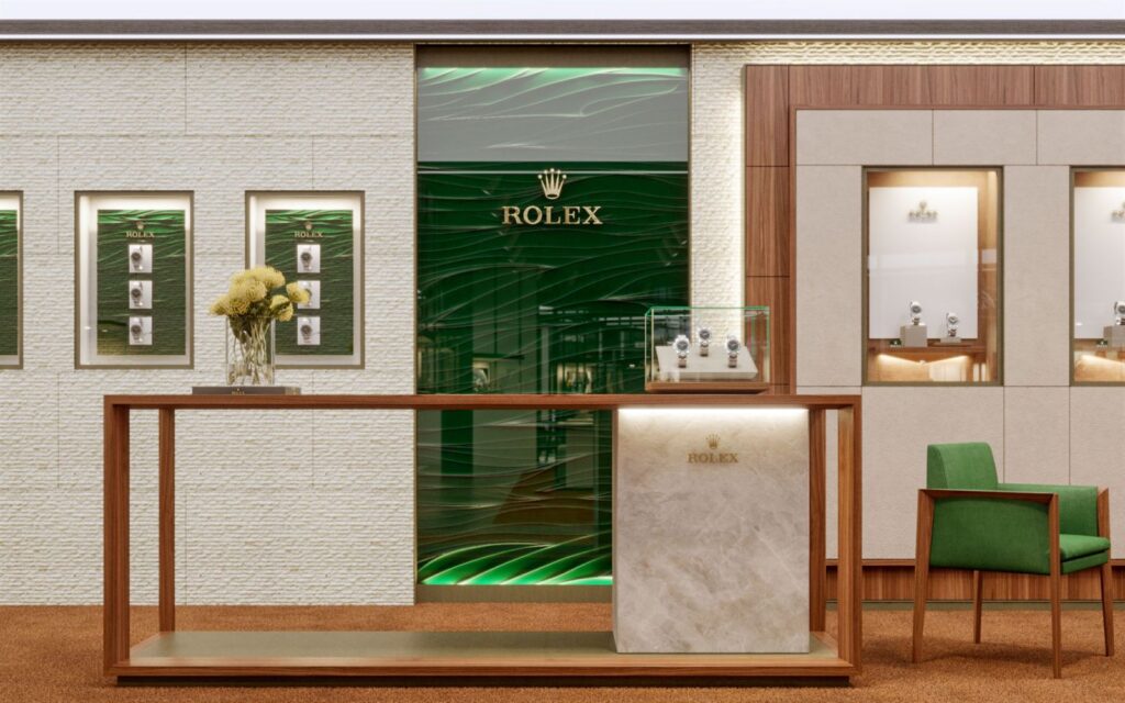 Retail 3D rendering of the Windeshousen store decorated with wooden walls, others are textured white and a bright green center