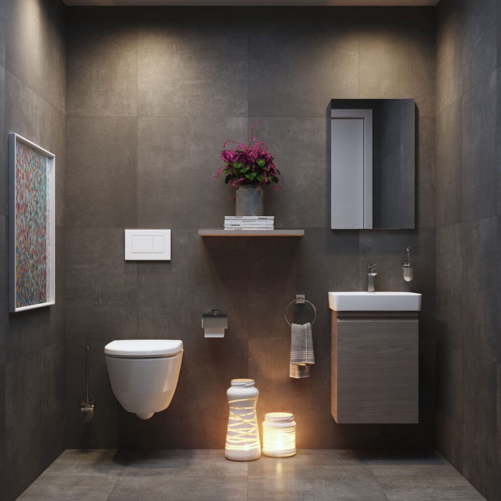 Retail 3D rendering of the Bathrooms Magenta bathroom with the same material on the walls, floor and ceiling, modern design and light in the floor