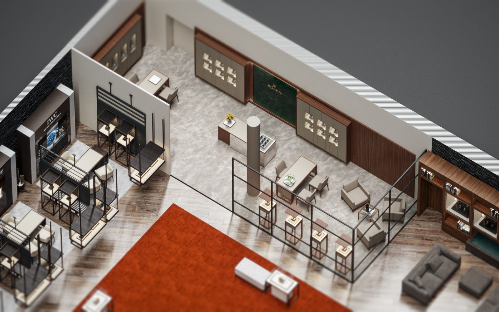 Retail 3D rendering of the Windeshousen store of the architectural plan seen from above, where the private sectors and the chosen colors can be seen