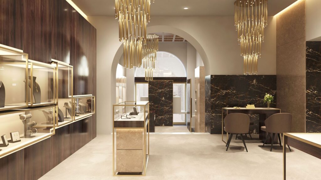 Commercial 3D rendering of the Jewelry stores designed with luxurious wood and glass furniture, carpet on the floor and marble walls
