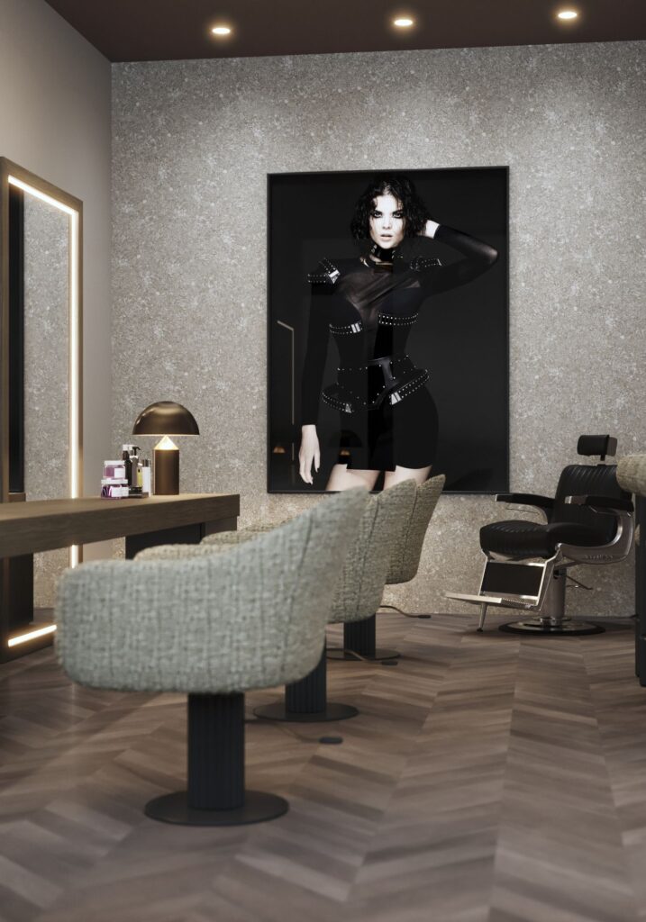 Retail 3D rendering of the Hair salon EN VOGUE in which the textured wall and a decorative square stand out, with which the grey chairs combine