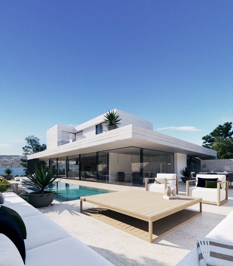 Exterior 3D rendering of the Two family house white facade, with large windows, and outside a pool with modern outdoor furniture