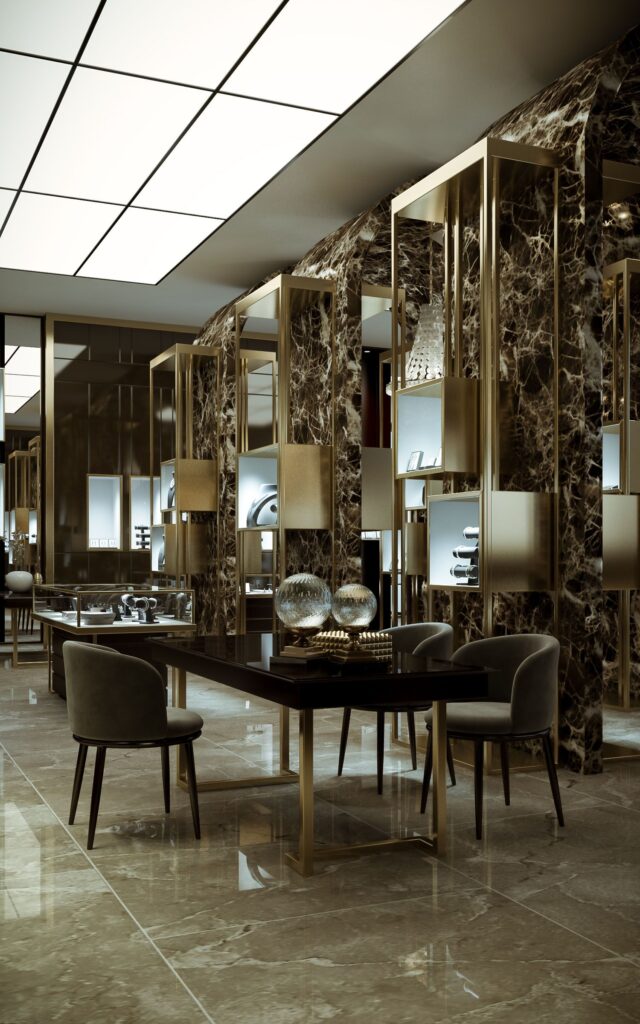 Commercial 3D rendering of the Jewelry stores sales area, with brown marble walls and modern dark-colored furniture