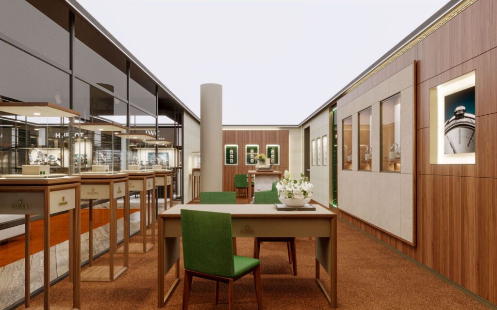 Showroom 3D rendering of the Windeshousen store designed with wooden walls, green upholstered chairs and lots of counters