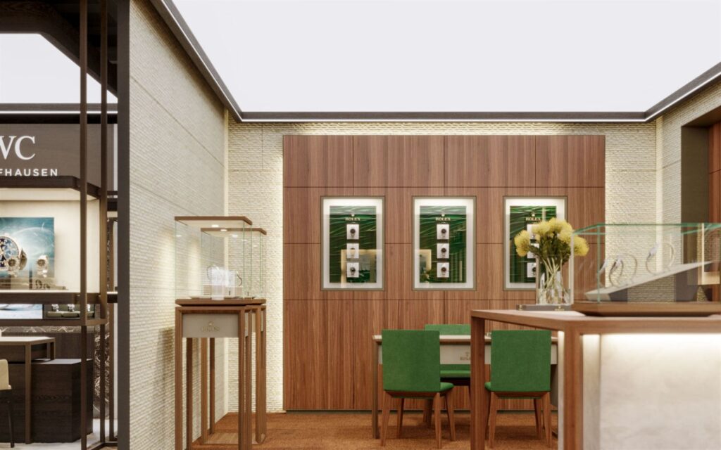 Showroom 3D rendering of the Windeshousen store designed with a secluded area, with green chairs and several well-lit counters