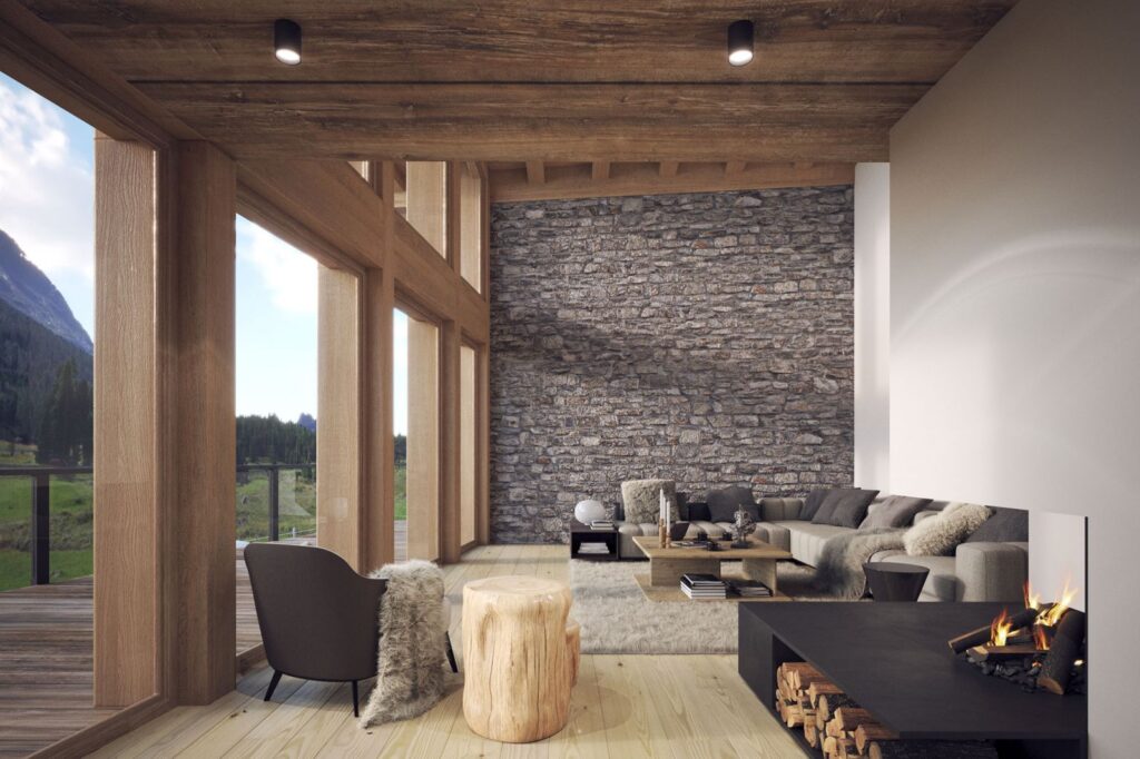 Residential 3D rendering of the Chalet rustic living room with a rock wall, large windows, and a modern fireplace