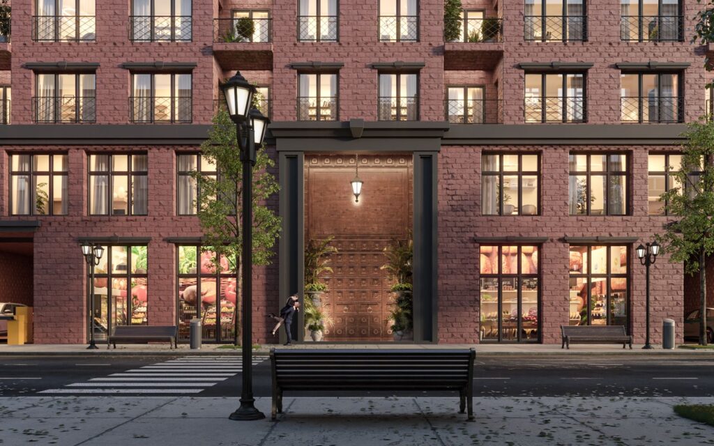 Urban 3D rendering of the Multy family building entrance with exposed brick on the walls and an imposing door in the center of the building