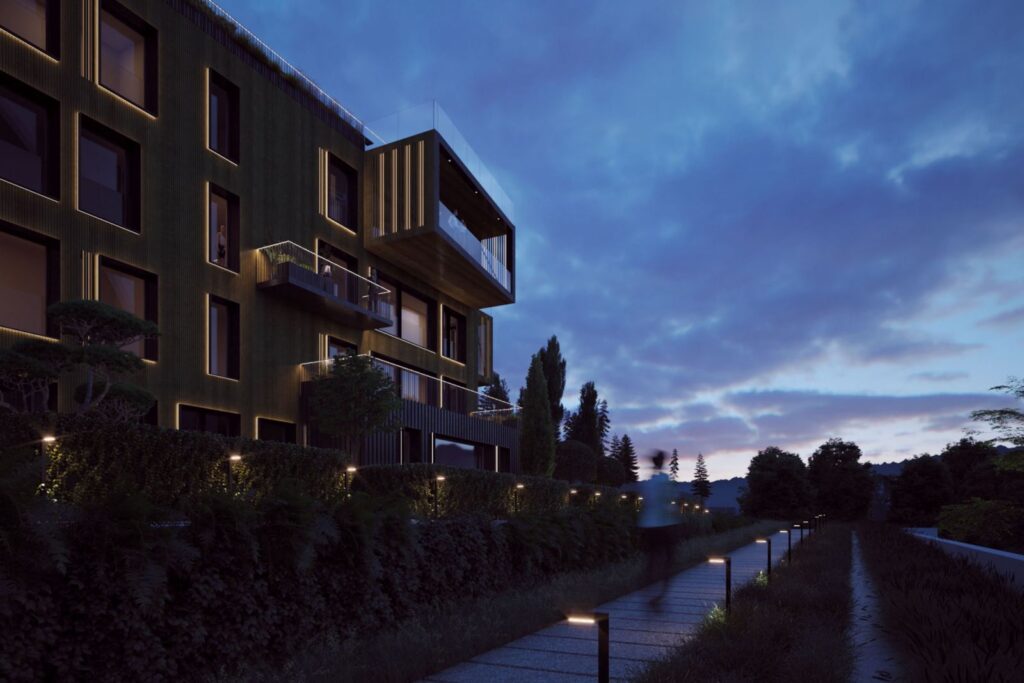 Urban 3D rendering of the Up town dark wood facade with many windows of different sizes and black frames with very good night lighting