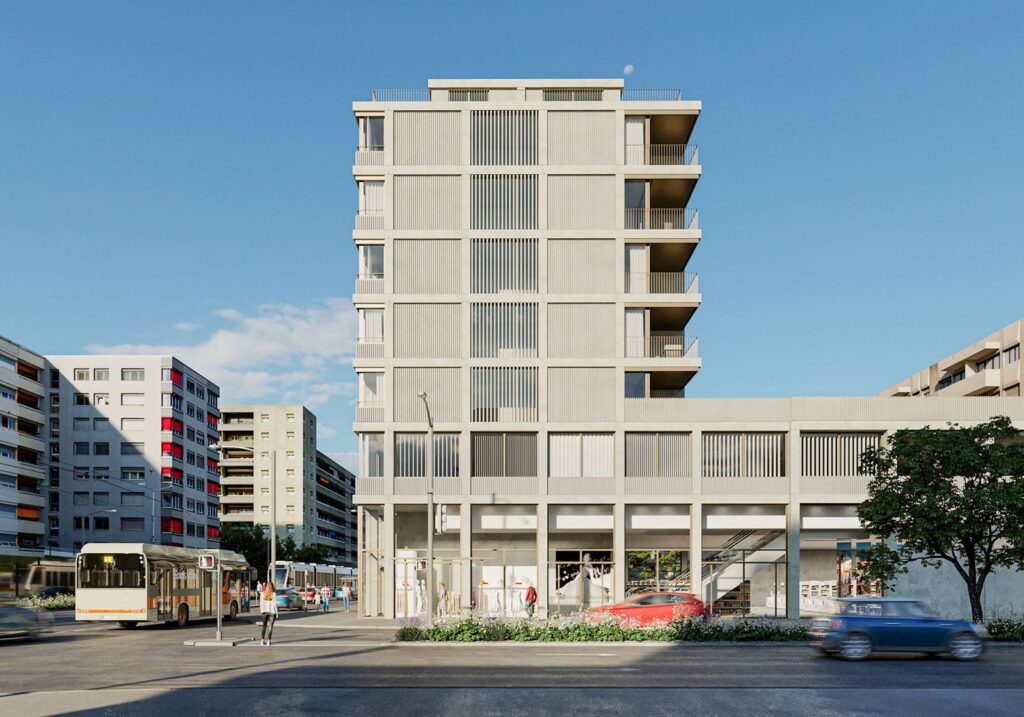 Urban 3D rendering of the Thonex building exterior designed with lots of windows and balconies on the upper floors to the ground floor