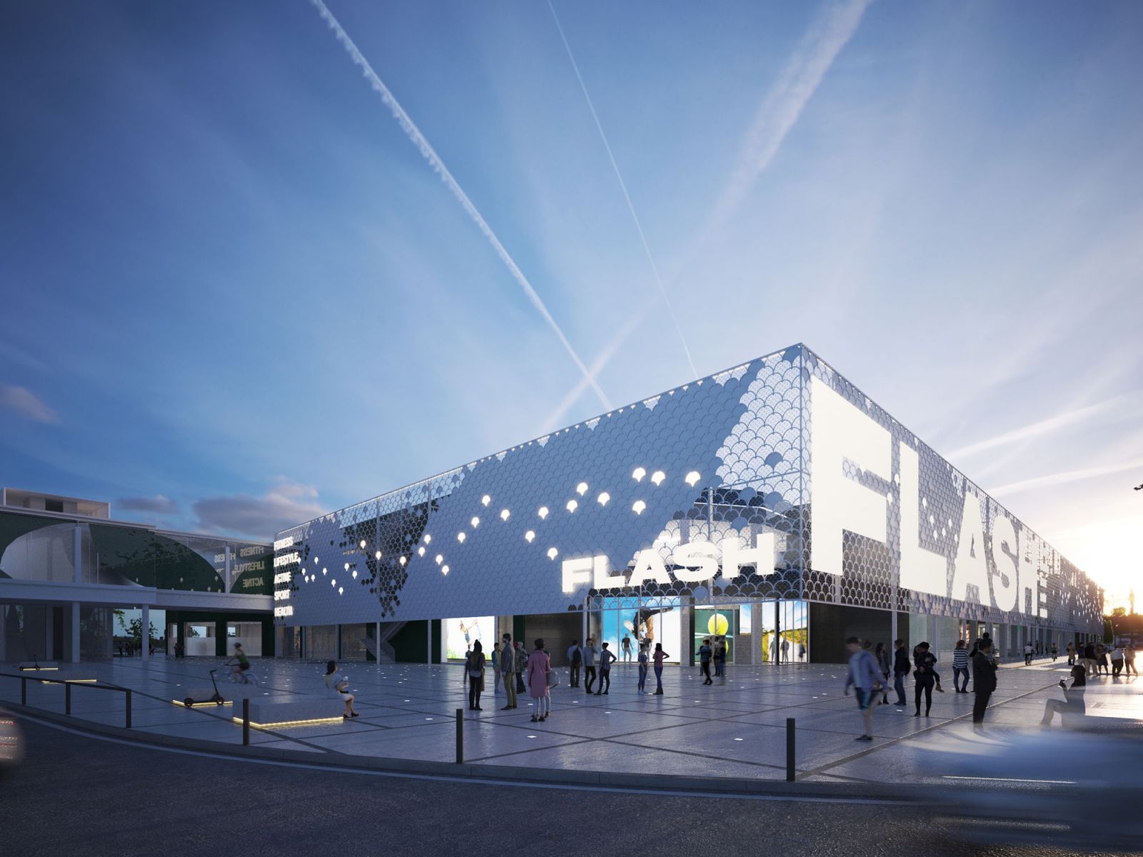 Exterior 3D rendering of the Le Fornaci original entrance with a light-filled metal facade