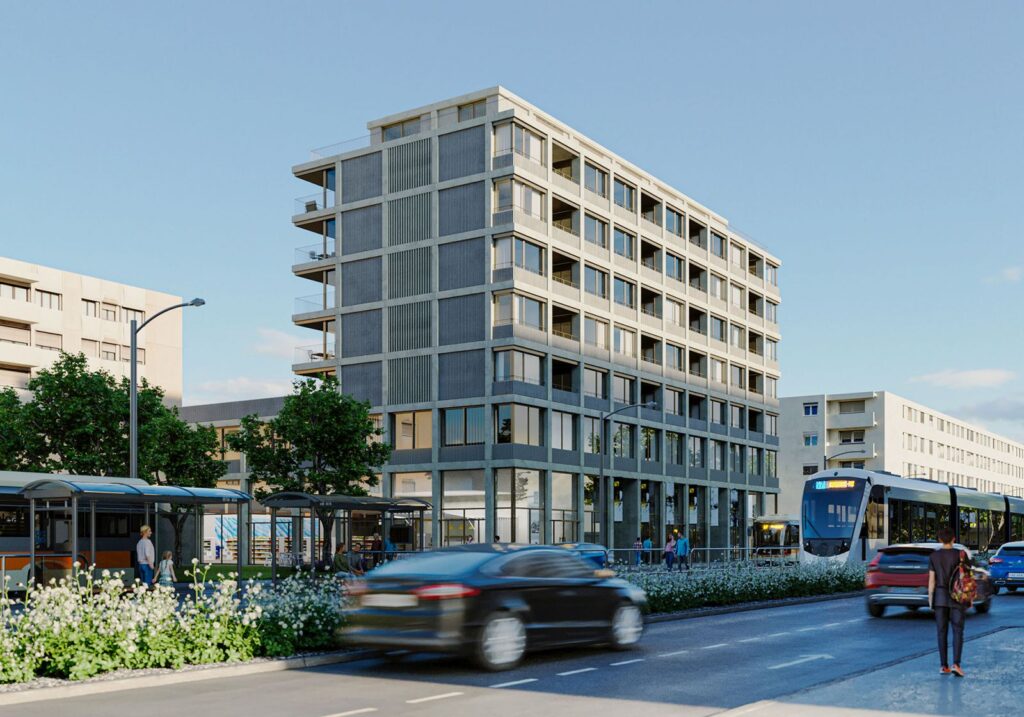 Real estate 3D rendering of the exterior at the Thonex building with many windows that allow a lot of natural light into the interior environments