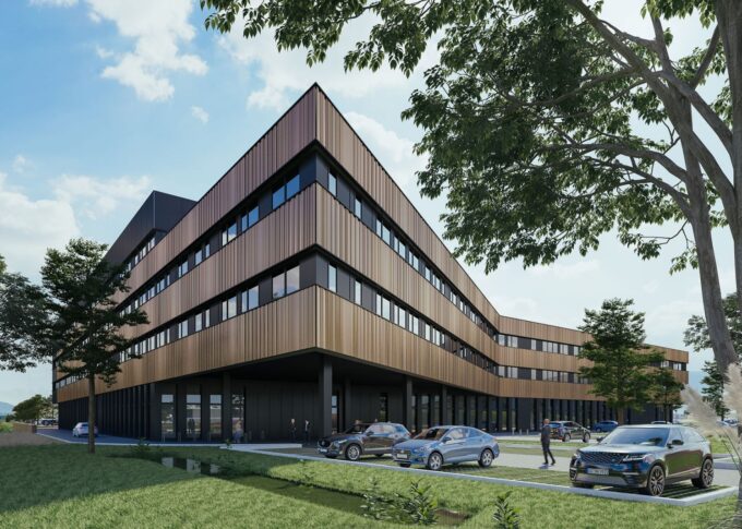 Urban 3D rendering of the Cassiopee exterior with four floors, wood and glass finishes and a parking lot at the bottom of the building