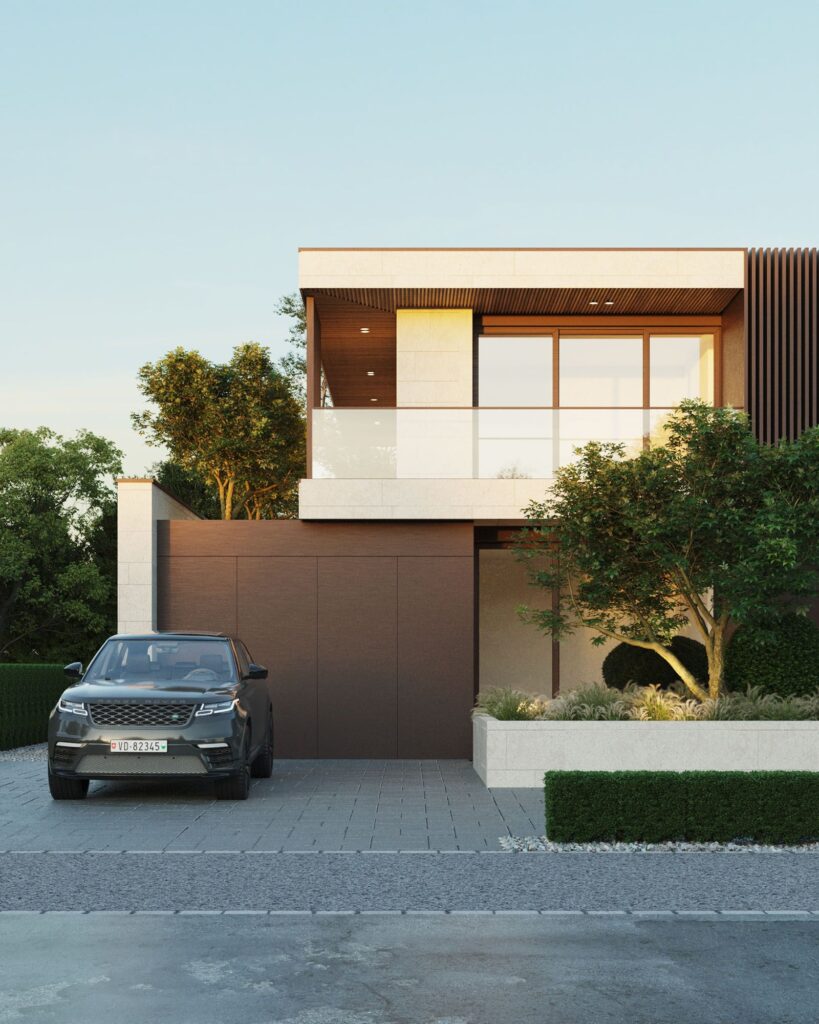 Exterior 3D rendering of the Casa Agretto with a garage that has access to the street, glass balconies and modern colors